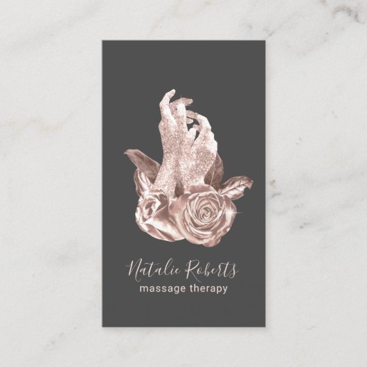 マッサージセラピーエレガントバラ金ゴールド手&花 名刺 (正面)