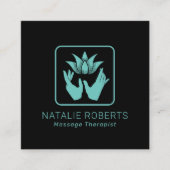 マッサージセラピーティール(緑がかった色)ヒーリングハンズ&ロータスフラワー スクエア名刺 (正面)