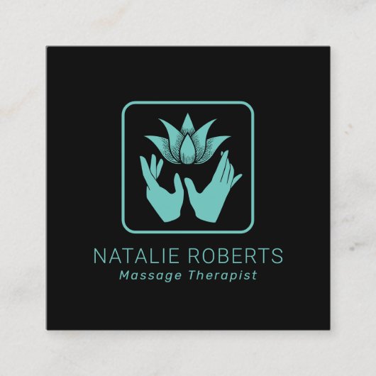 マッサージセラピーティール(緑がかった色)ヒーリングハンズ&ロータスフラワー スクエア名刺 (正面)