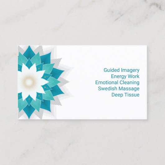 マッサージセラピーティール（緑がかった色）ロータスフラワーヨガスパサロン 名刺 (裏面)