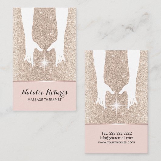マッサージセラピーヒーリングハンズスパ金ゴールドグリッター 名刺 (正面/裏面)