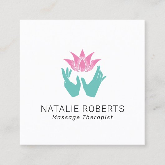 マッサージセラピーヒーリングハンズ&ピンクロータスフラワー スクエア名刺 (正面)