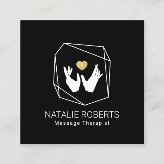 マッサージセラピーヒーリング手金ゴールドハート幾何学的 スクエア名刺 (正面)