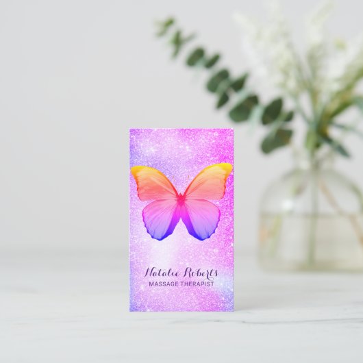 マッサージセラピーモダンレインボーグリッターバタフライ 名刺 (スタンド正面)