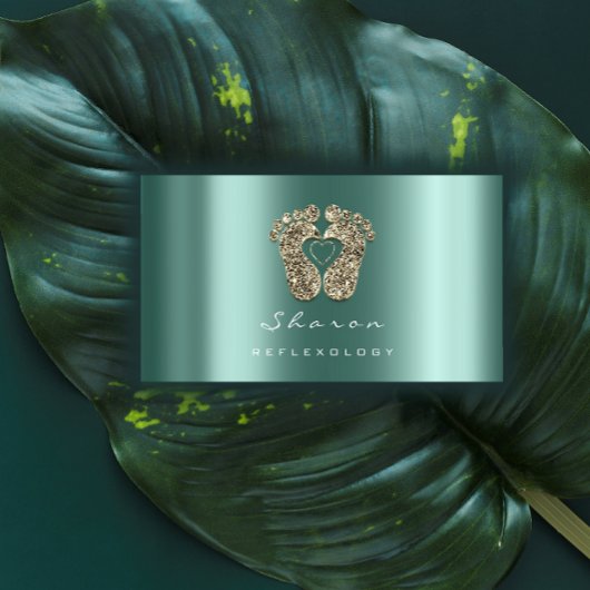 マッサージセラピーリフレクソロジーティール（緑がかった色）金ゴールドグリッター足 名刺