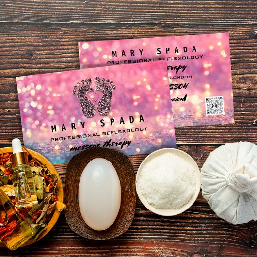 マッサージセラピーリフレクソロジー足バラピンクQRCode 名刺