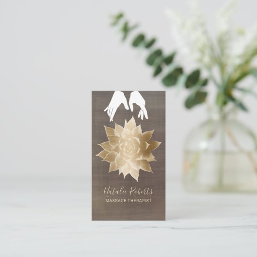 マッサージセラピーヴィンテージ癒し手金ゴールドフラワー 名刺 (スタンド正面)