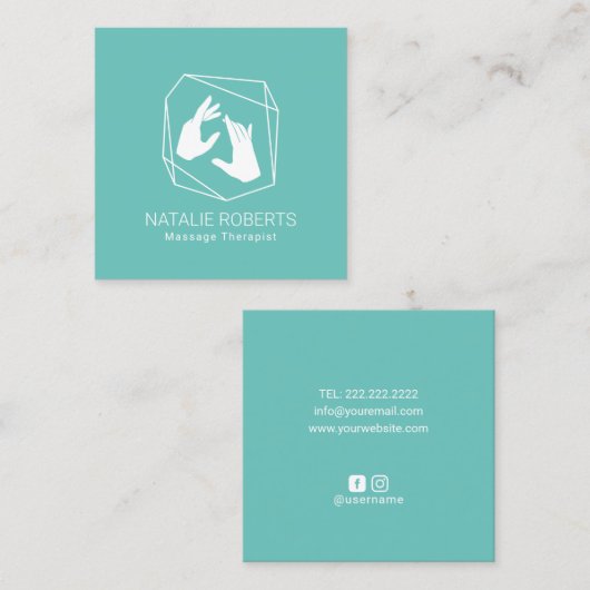 マッサージセラピー幾何学的治癒手スパティール(緑がかった色) スクエア名刺 (正面/裏面)