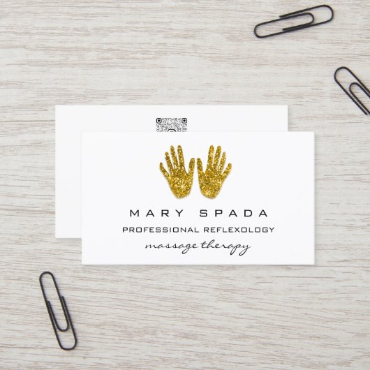 マッサージリフレクソロジーグリッターハンズホワイトゴールドQRCODE 名刺 (正面/裏面インサイチュ)