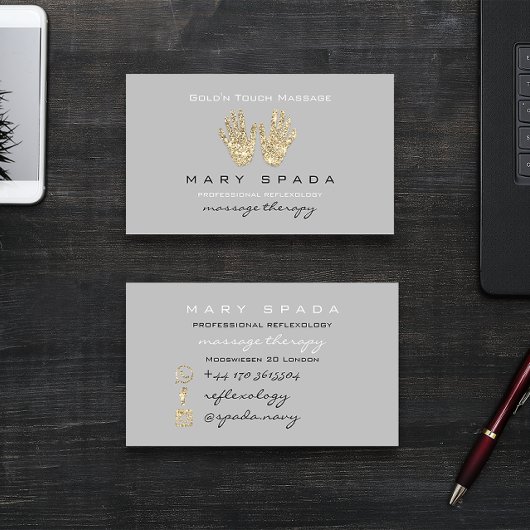 マッサージリフレクソロジーグリッターハンズ霊気グレー金ゴールド 名刺