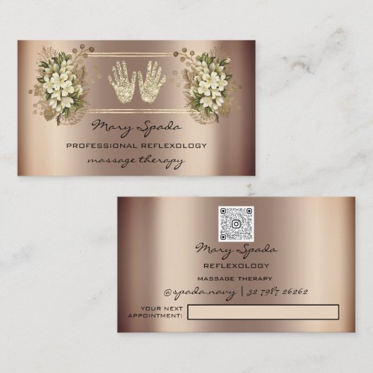 マッサージリフレクソロジー霊気ハンドバラ金ゴールドQRFloral 名刺 (正面/裏面)