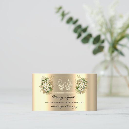 マッサージリフレクソロジー霊気ハンドフェイク金ゴールドQRコード 名刺 (スタンド正面)