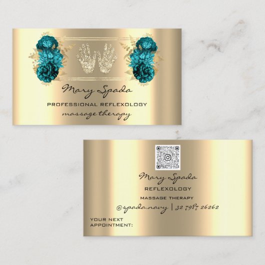 マッサージリフレクソロジー霊気ハンドフェイク金ゴールドQRティール(緑がかった色) 名刺 (正面/裏面)
