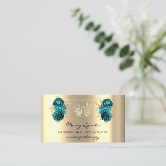 マッサージリフレクソロジー霊気ハンドフェイク金ゴールドQRティール(緑がかった色) 名刺 (スタンド正面)