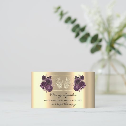 マッサージリフレクソロジー霊気ハンドフェイク金ゴールドQRパープル 名刺 (スタンド正面)