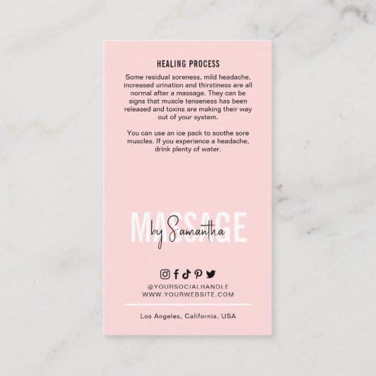 マッサ気にージ指示フェミニンピンクマッサージ 名刺 (裏面)