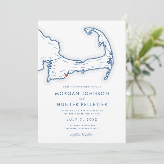 マッシュペエケープコッド海軍ブルーミニマル結婚リスト 招待状 (スタンド正面)