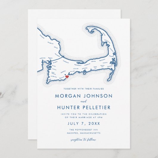 マッシュペエケープコッド海軍ブルーミニマル結婚リスト 招待状 (正面/裏面)