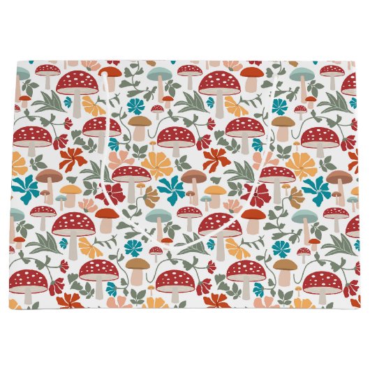 マッシュルームとフローラミッドセンチュリーモダンパターン ラージペーパーバッグ (正面)