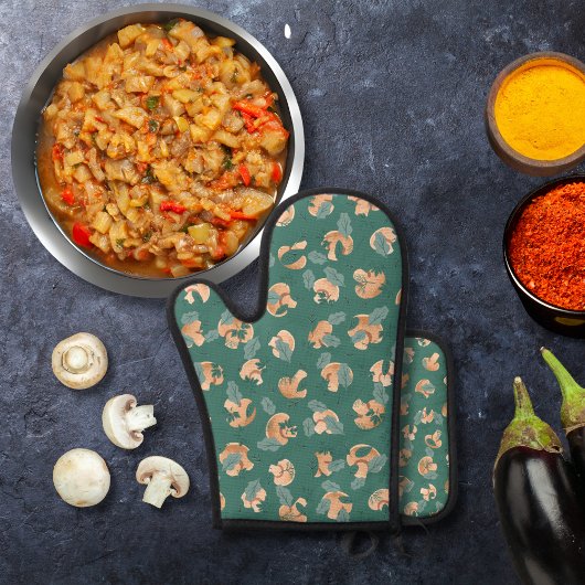 マッシュルームと葉の緑 鍋つかみ&鍋敷きセット