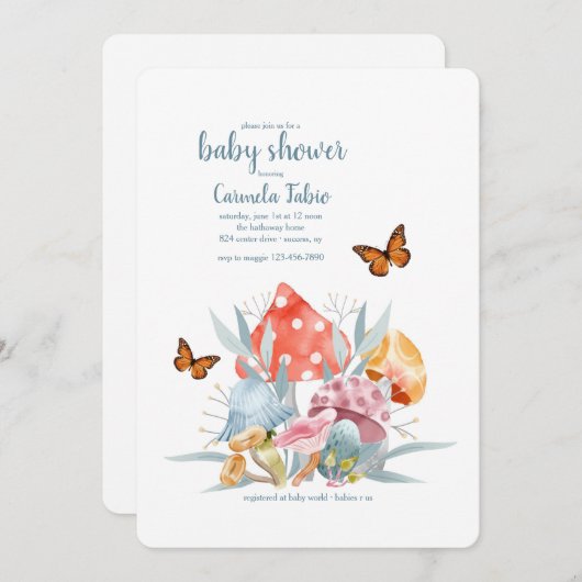 マッシュルームと蝶ベビーシャワー招待状 招待状 (正面/裏面)