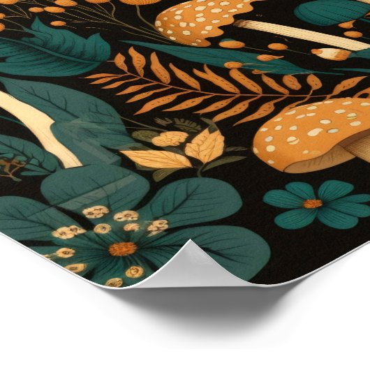 マッシュルームのシダと花のイラストレーション ポスター (角)