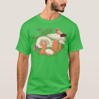 マッシュルームの友だちの上に立つ鳥 Tシャツ