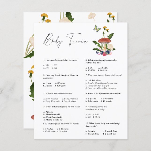 マッシュルームの森 – ベビートリビア |赤ちゃんシャワーゲーム (正面/裏面)