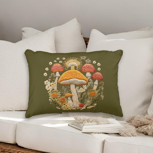 マッシュルームアンドワイルドフラワーコテージコア アクセントクッション
