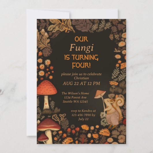 マッシュルームウッドランドアニマルボーイズ4誕生日 招待状 (正面)