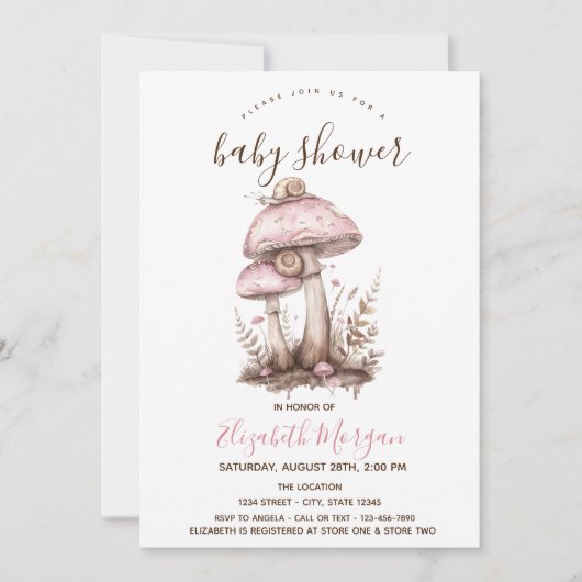 マッシュルームカタツムリストライプピンクの赤ちゃんシャワー 招待状 (正面)