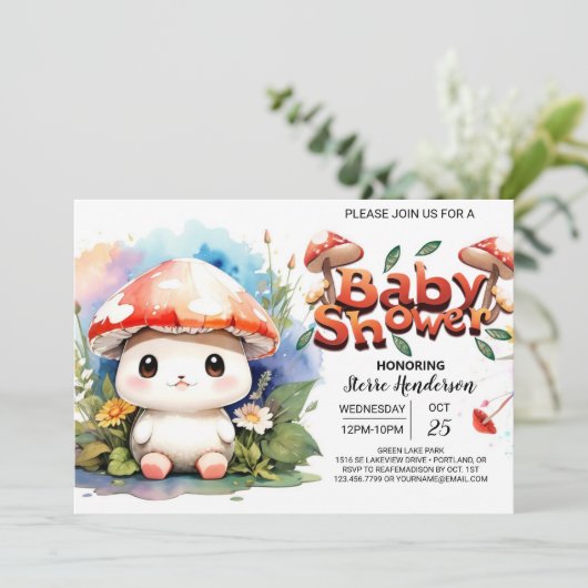 マッシュルームガーデンウォーターカラーベビーシャワー 招待状 (スタンド正面)