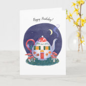 マッシュルームティーポットコテージ誕生日カード カード (黄色い花)