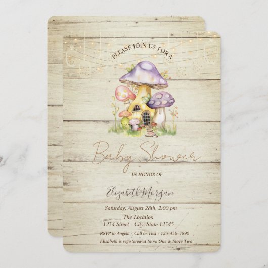 マッシュルームハウスウッドテクスチャベビーシャワー 招待状 (正面/裏面)