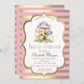 マッシュルームハウスストライプ金ゴールドベビーシャワー 招待状 (正面/裏面)