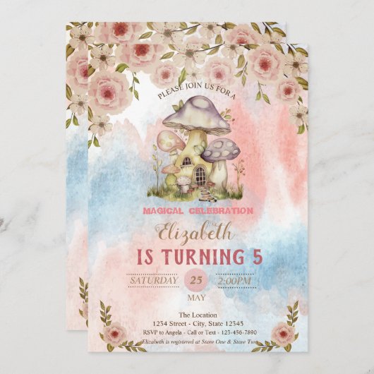マッシュルームハウズウォーターカラーフラワースプラッシュ誕生日 招待状 (正面/裏面)