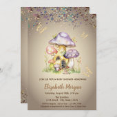 マッシュルームハウズ金ゴールドバタフライベビーシャワー 招待状 (正面/裏面)