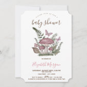 マッシュルームバタフライピンクストライプの赤ちゃんシャワー 招待状 (正面)