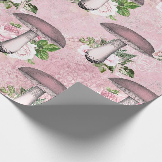 マッシュルームピンクウッドランドアンティークヴィンテージエフェメラ ラッピングペーパー (角)