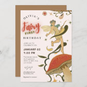 マッシュルームフォレスト妖精の女の子1歳の誕生日 招待状 (正面/裏面)