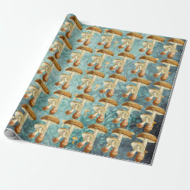 マッシュルームブラウンウッドランドアンティークブルーティール（緑がかった色） ラッピングペーパー