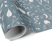 マッシュルームムーントンフライかわいい秋のパターン青 ラッピングペーパー (ロールコーナー)