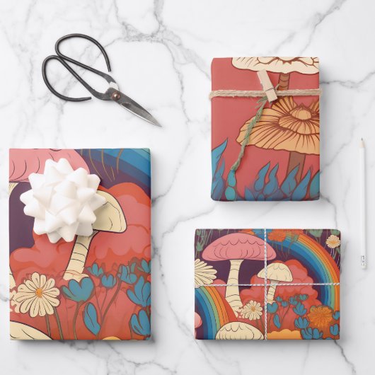 マッシュルームレトロオレンジブラウンコテージコア ラッピングペーパーシート (正面)