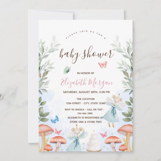 マッシュルーム、ベビーマウスピンクストライプ色の赤ちゃんシャワー 招待状 (正面)