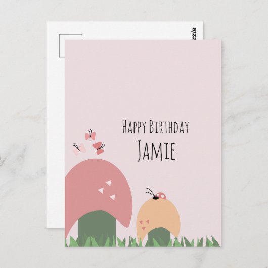 マッシュルーム、蝶とラディバグハッピーバースデー ポストカード (正面/裏面)