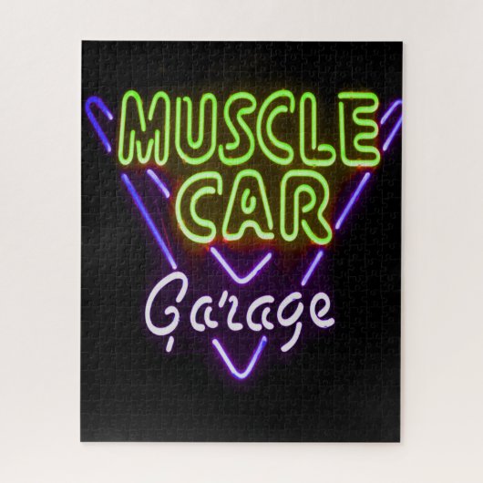 マッスルカーガレージネオンサインブルーグリーン ジグソーパズル (縦)