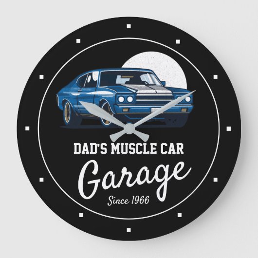 マッスルカーガレージパパまたは任意の名前ブルーブラック ラージ壁時計 (正面)