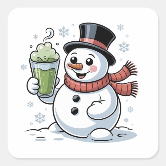 マッチアドリンクを持つクリスマスの雪だるま スクエアシール (正面)