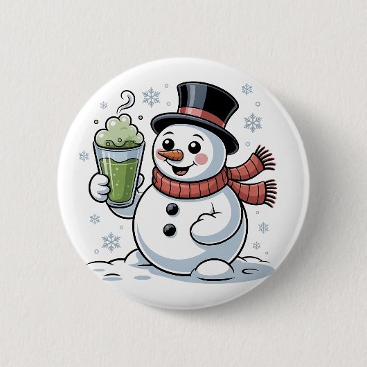 マッチアドリンクを持つクリスマスの雪だるま 缶バッジ (正面)