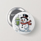 マッチアドリンクを持つクリスマスの雪だるま 缶バッジ (正面&裏面)